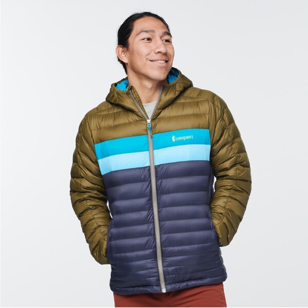 ‼️SOLD‼️ Cotopaxi Men's Fuego Hooded Puffer Jacket - Olive, Navy & Teal Stripes